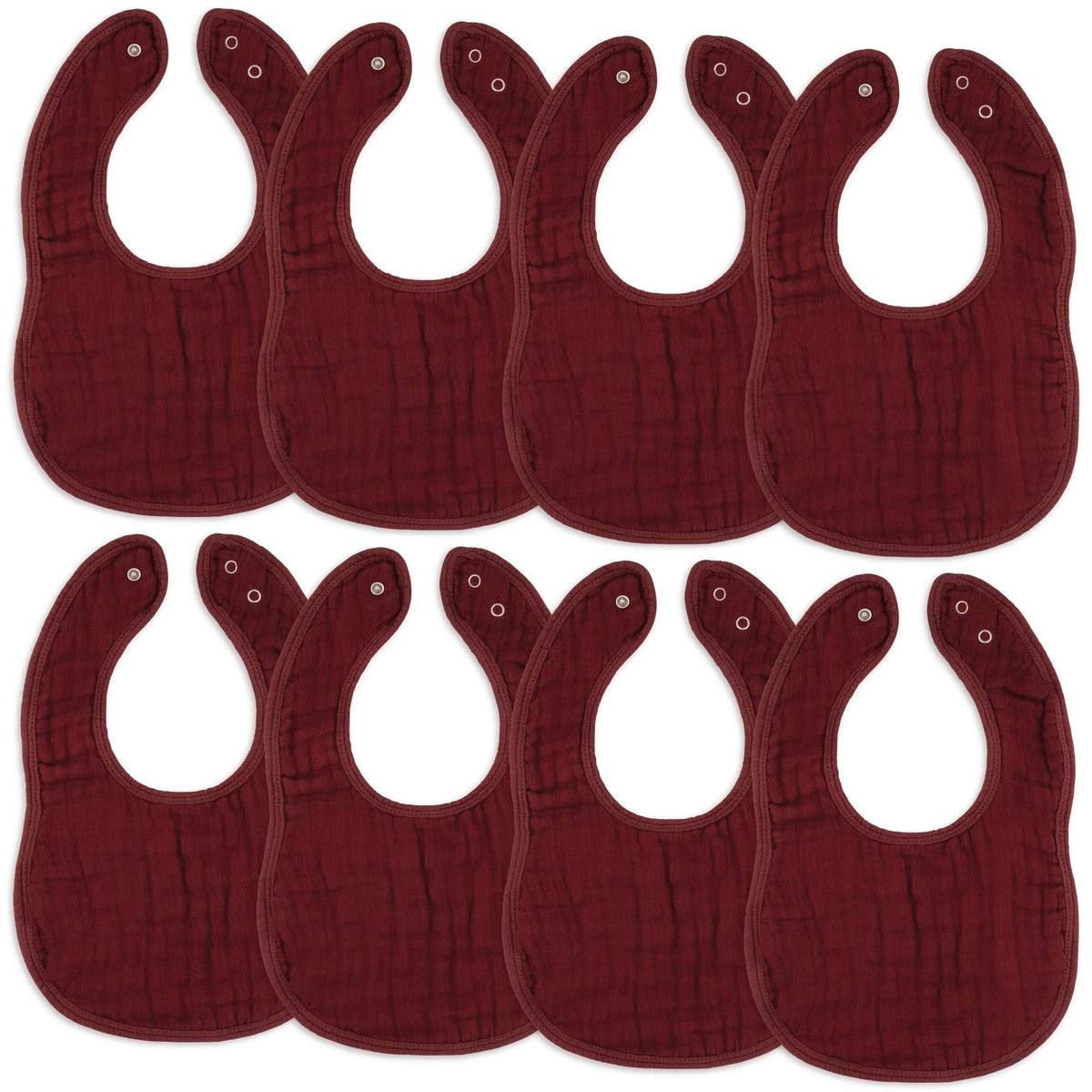 Comfy Cubs muslin bibs wine pack eight on display, unisex and colorful for everyday use