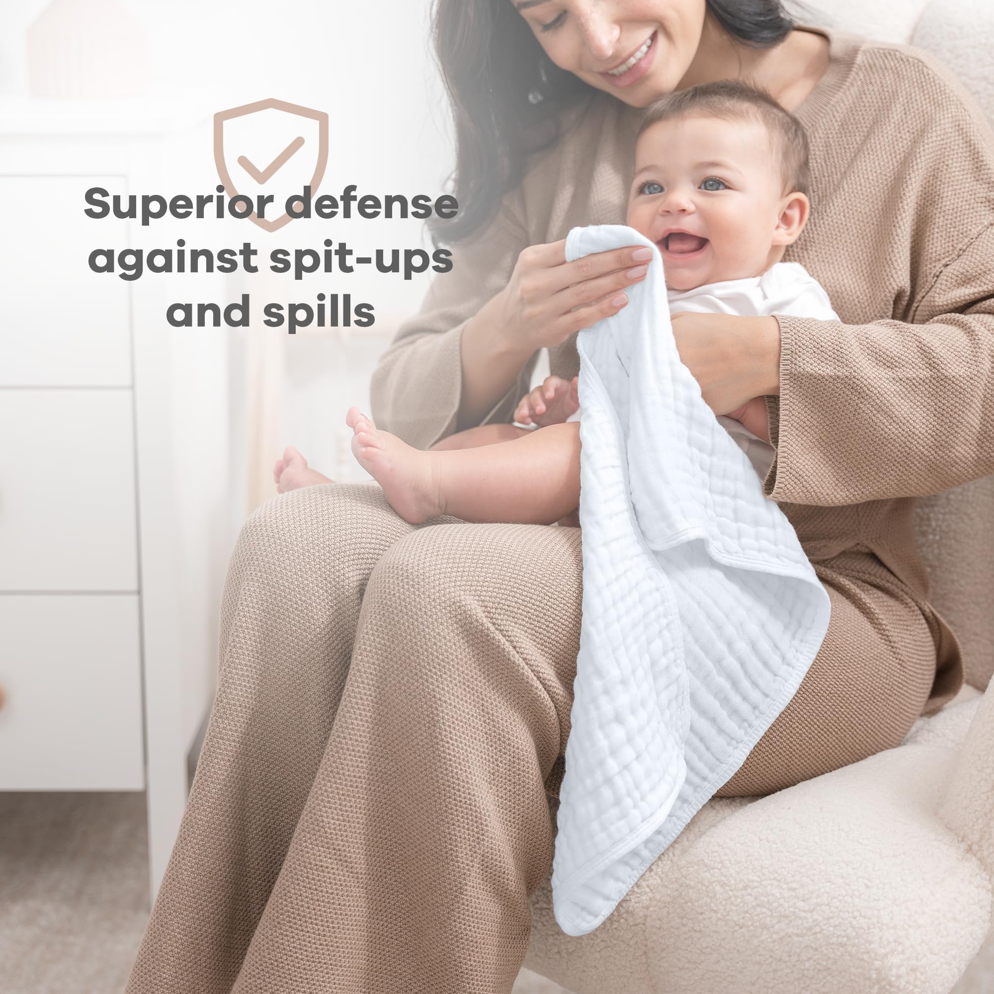 Comfy Cubs six-layer protection helps keep baby and caregiver dry.