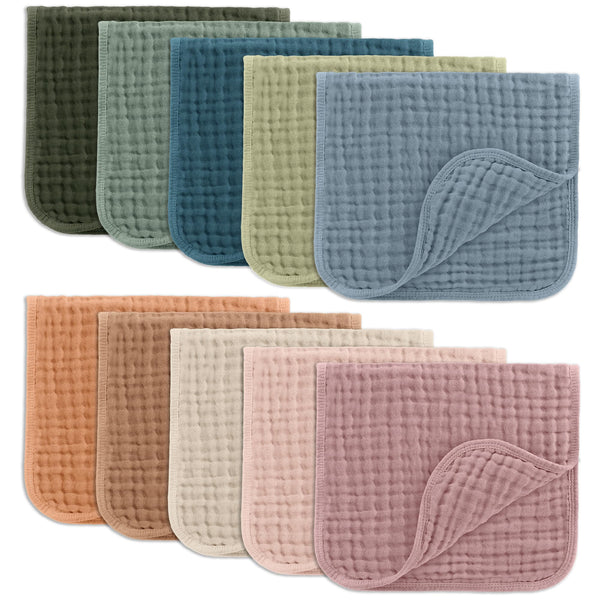 Comfy Cubs muslin burp cloths pack—soft protection for drool and spills on baby clothing.