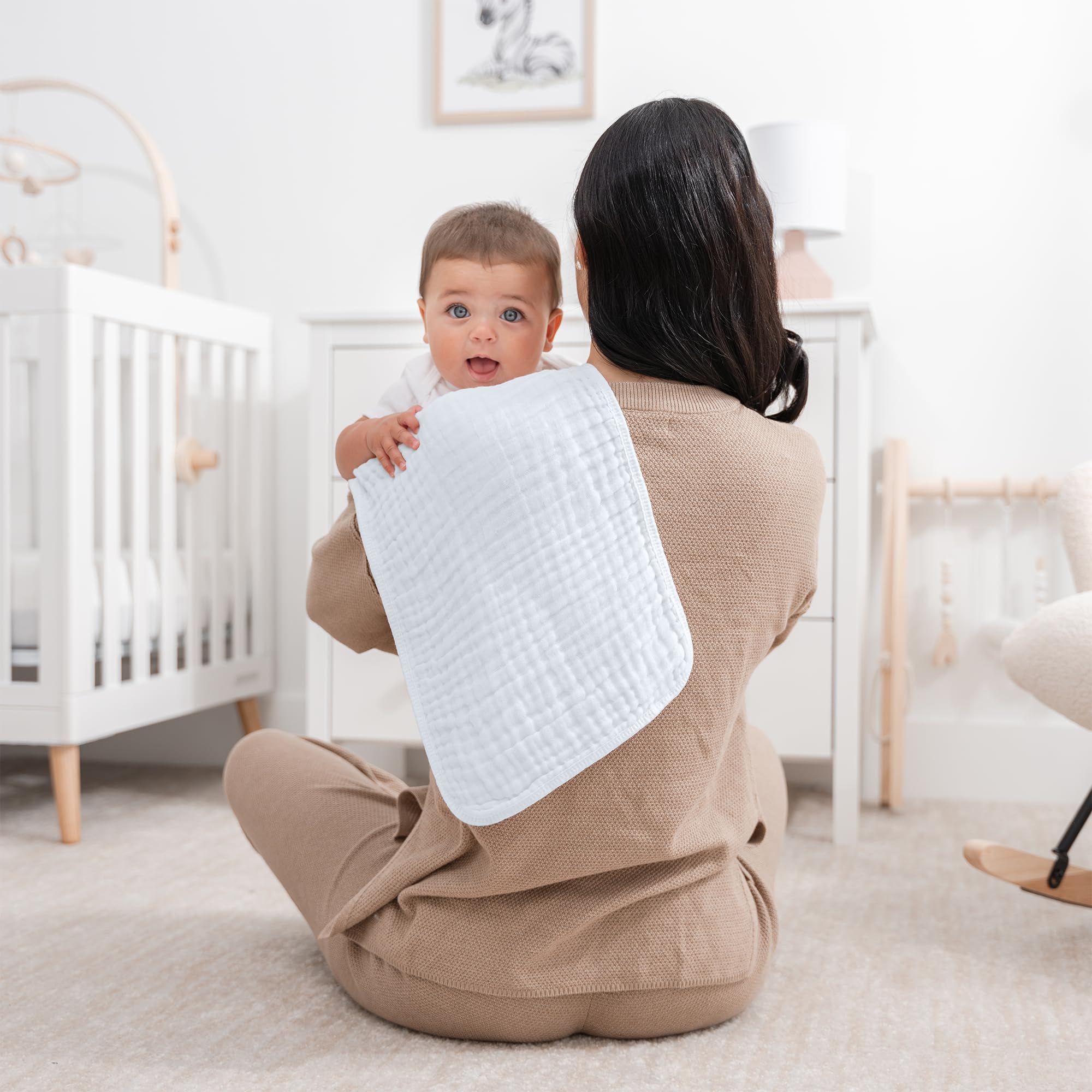 Comfy Cubs burp cloths in white offer full shoulder coverage for messes.