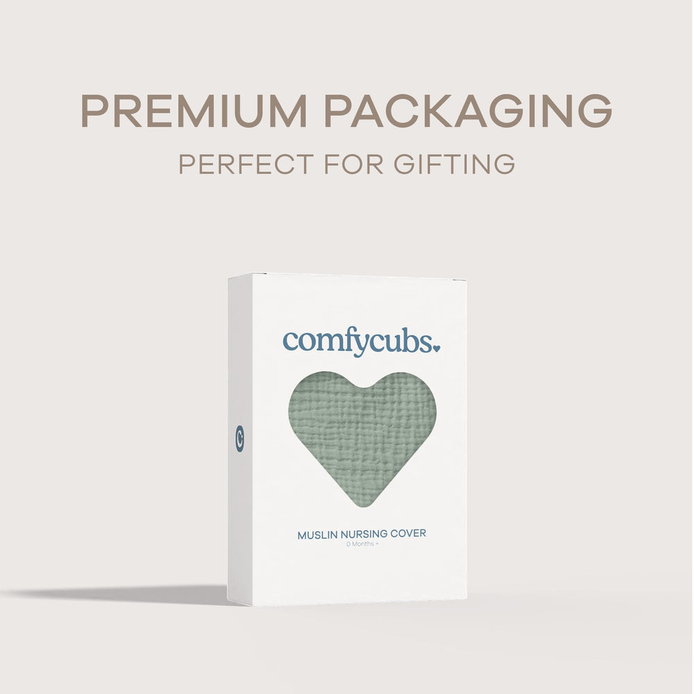Comfy Cubs Muslin Cover gift-ready box signals thoughtful new mom gift.