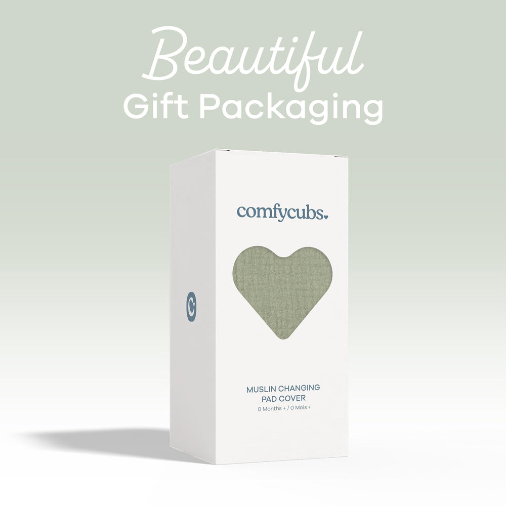 Comfy Cubs changing pad cover packaged in a gift box for baby showers.