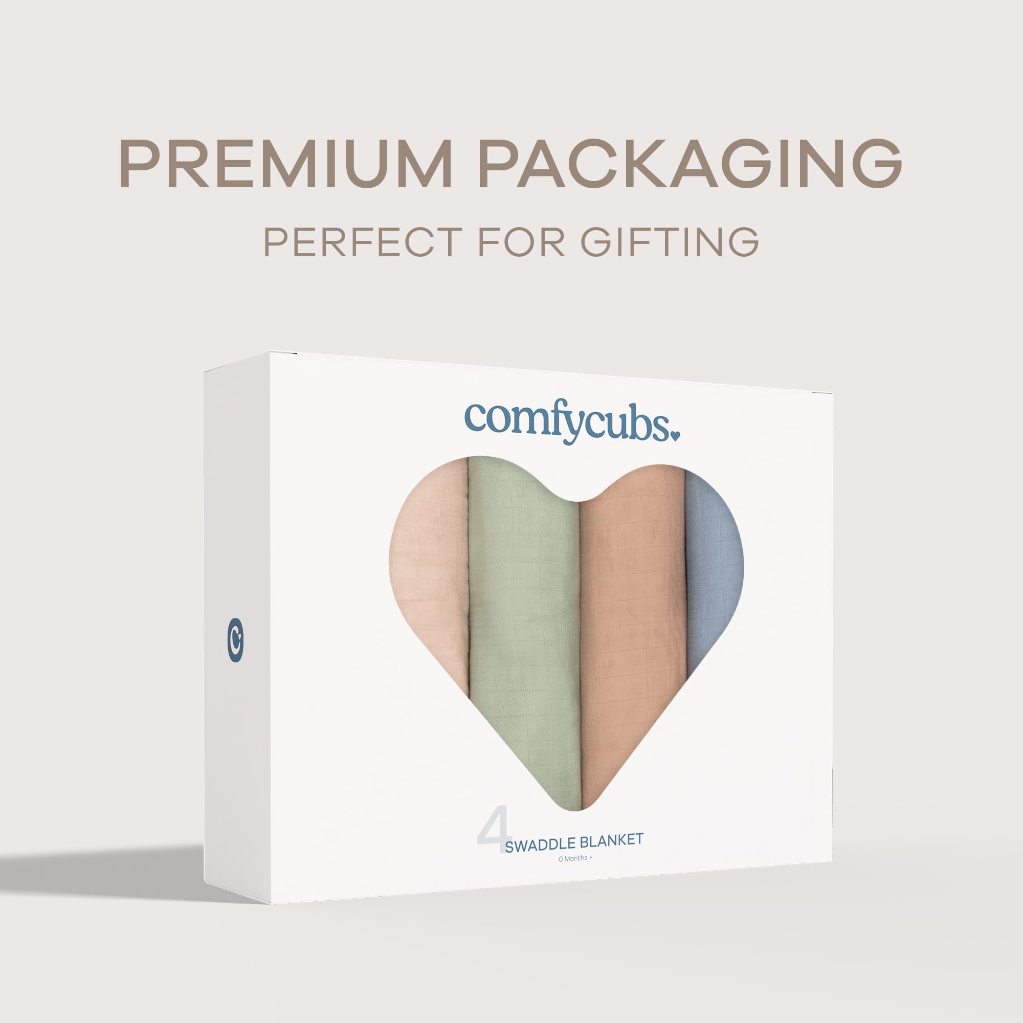 Comfy Cubs four-pack swaddle blankets layout, ideal for gifting and everyday baby needs.