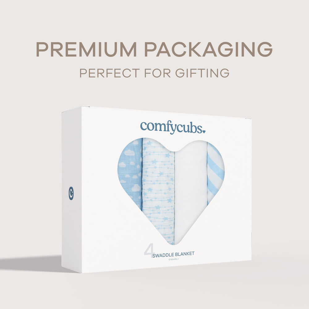 Comfy Cubs muslin swaddle blankets pack of four for gifting and multi-use needs.
