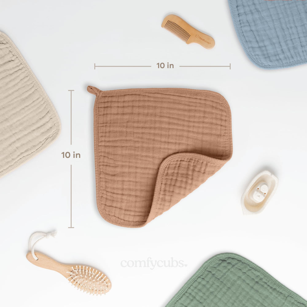 Comfy Cubs muslin washcloths with absorbent multi-layer weave for quick moisture pickup.