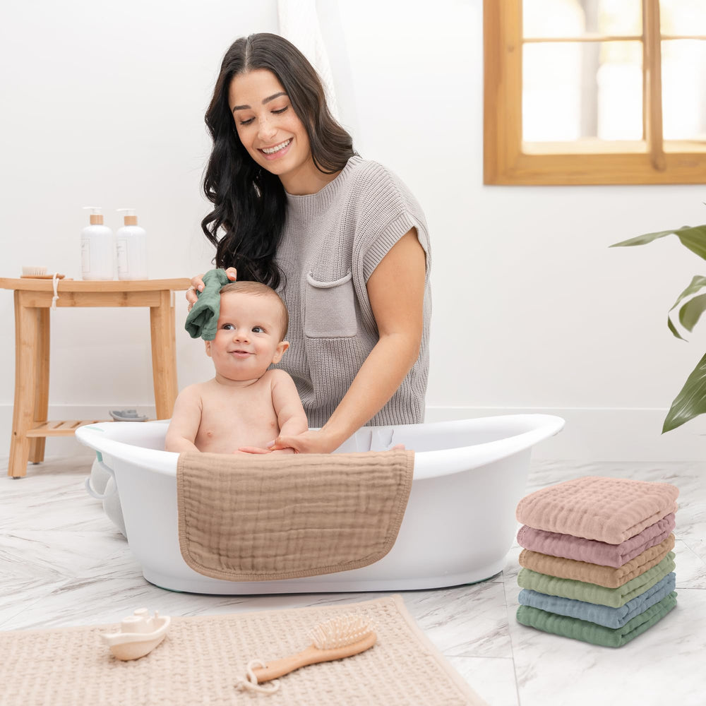 Comfy Cubs muslin washcloths large 10x10 inch size for full bath coverage.