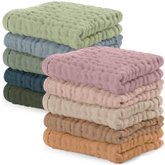 Comfy Cubs muslin washcloths show soft 6-layer fabric for gentle baby bath care.