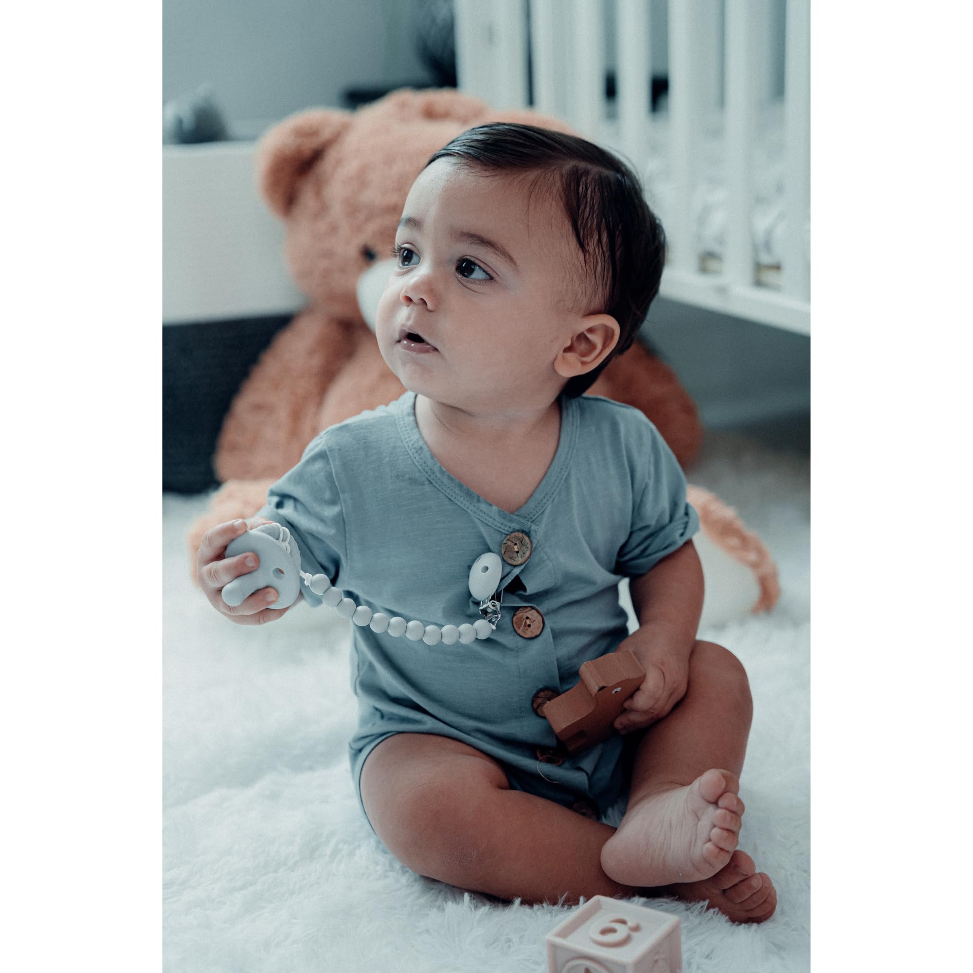 Comfy Cubs soft slate color complements baby outfits while staying practical.