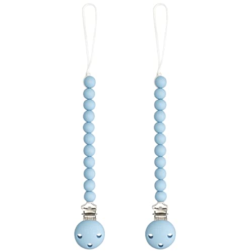 Comfy Cubs pacifier clip sky blue close-up; soft silicone for safe, gentle use.