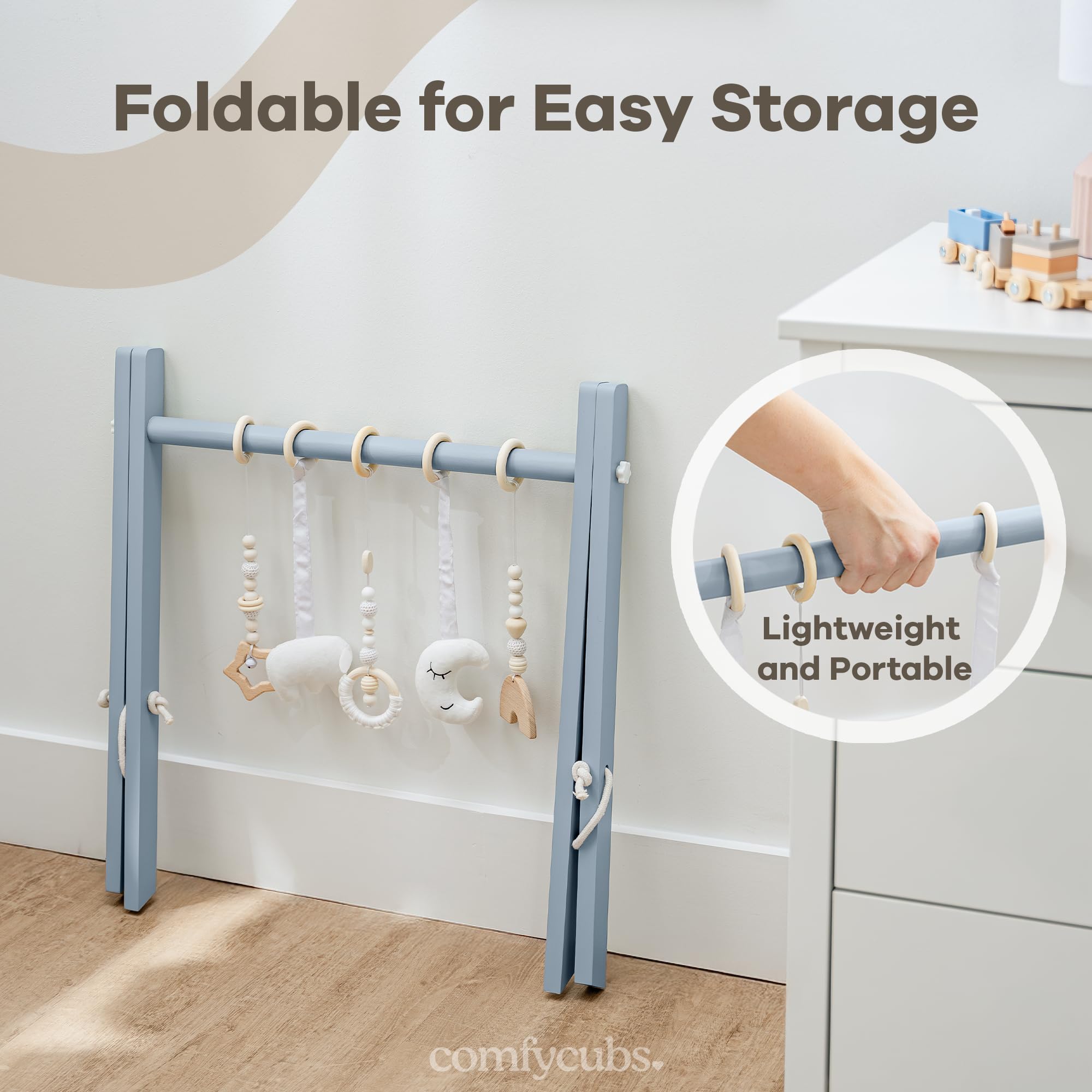 Comfy Cubs portable baby play gym enables easy transport for on-the-go moments.