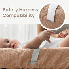 Comfy Cubs changing pad cover featuring pre-cut openings for safety strap access.