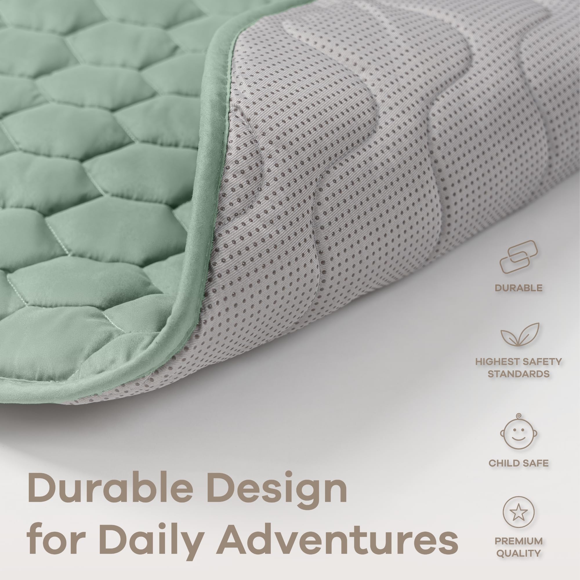 Comfy Cubs rectangle play mat folded for storage, compact and portable.