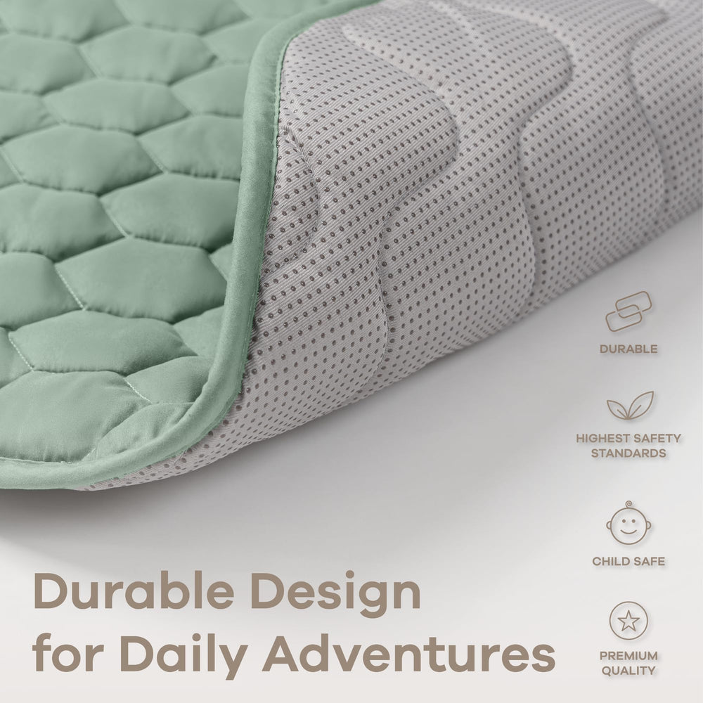 Comfy Cubs rectangle play mat folded for storage, compact and portable.