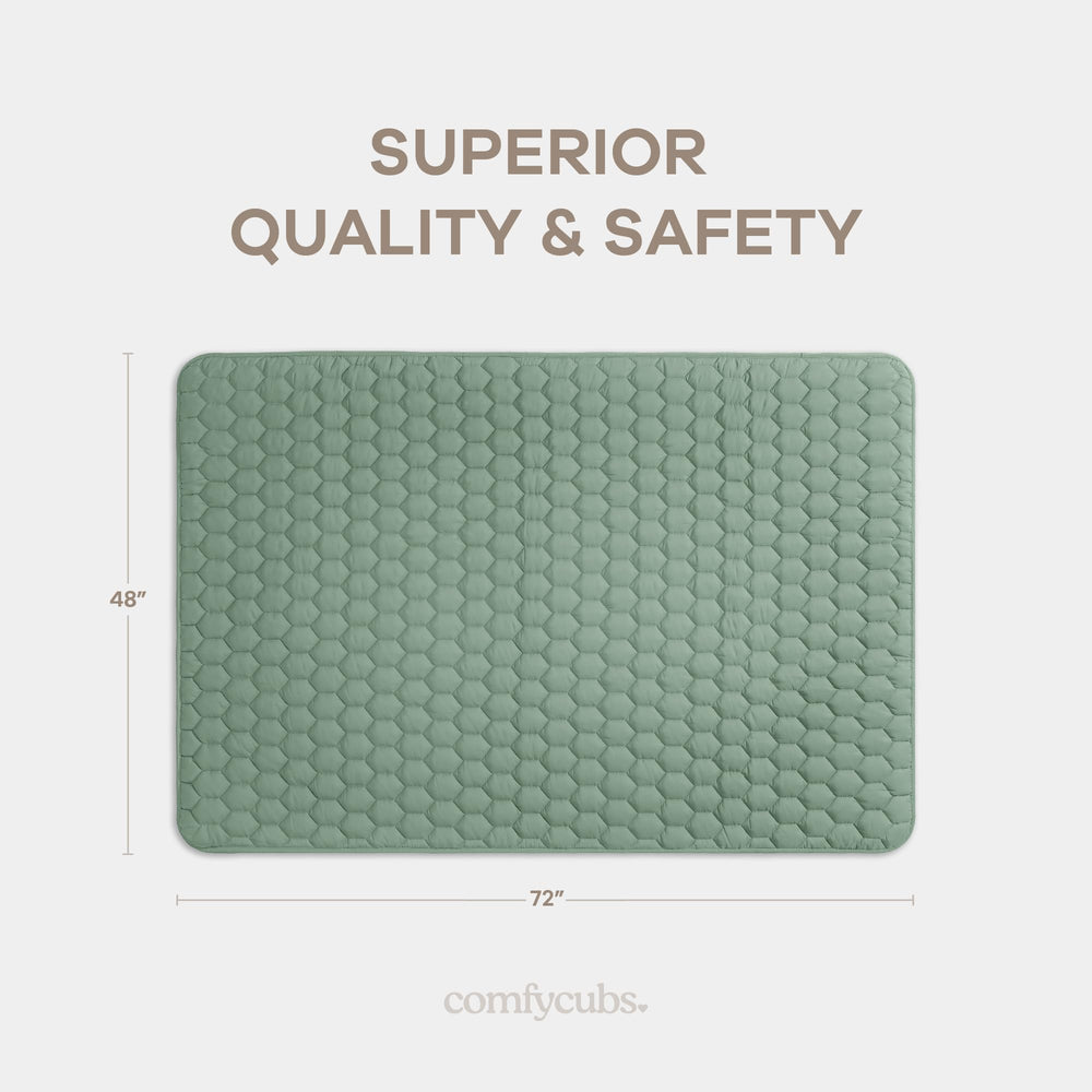 Comfy Cubs rectangle play mat, non-slip bottom detail prevents sliding during play.