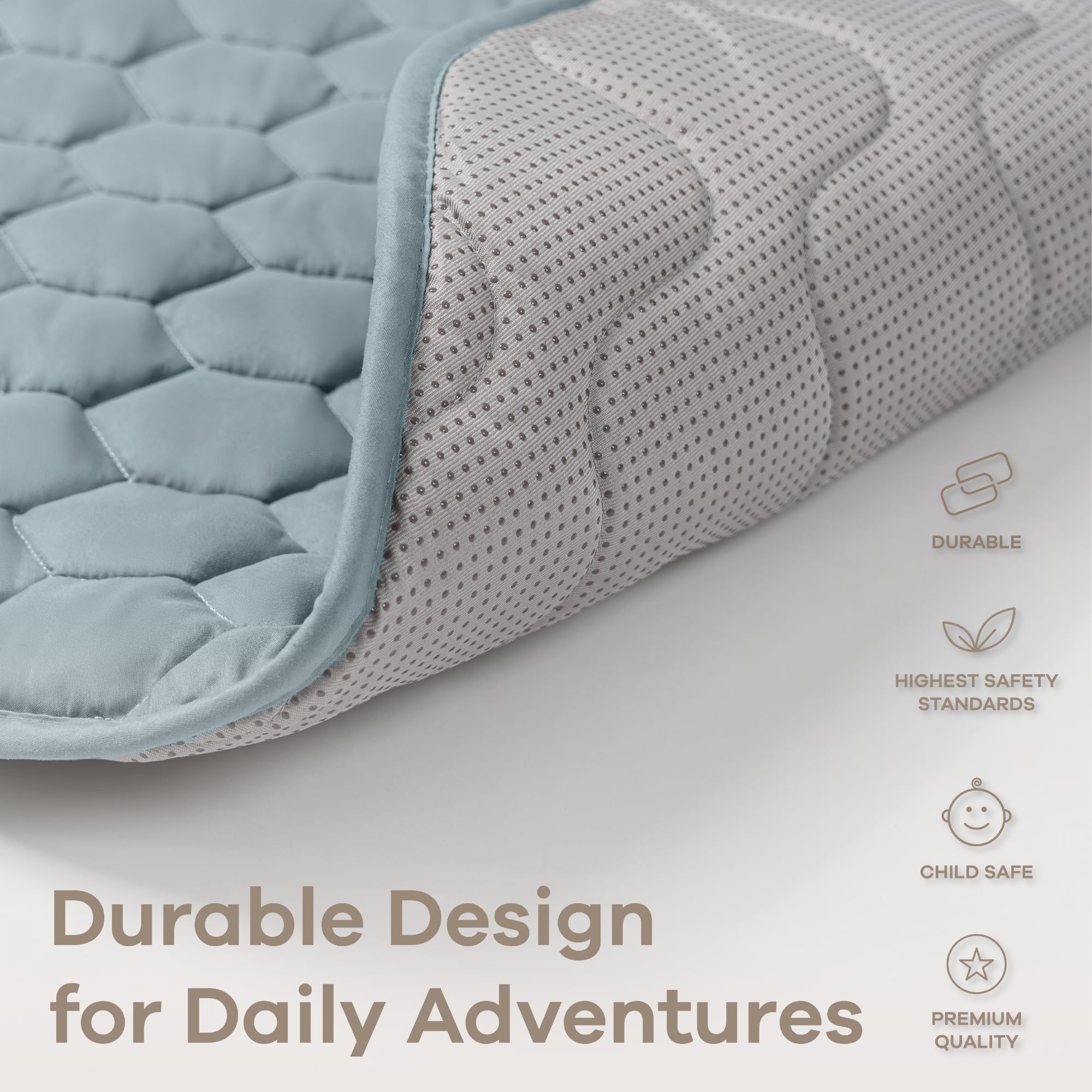 Comfy Cubs Pacific Blue foldable play mat ready for storage