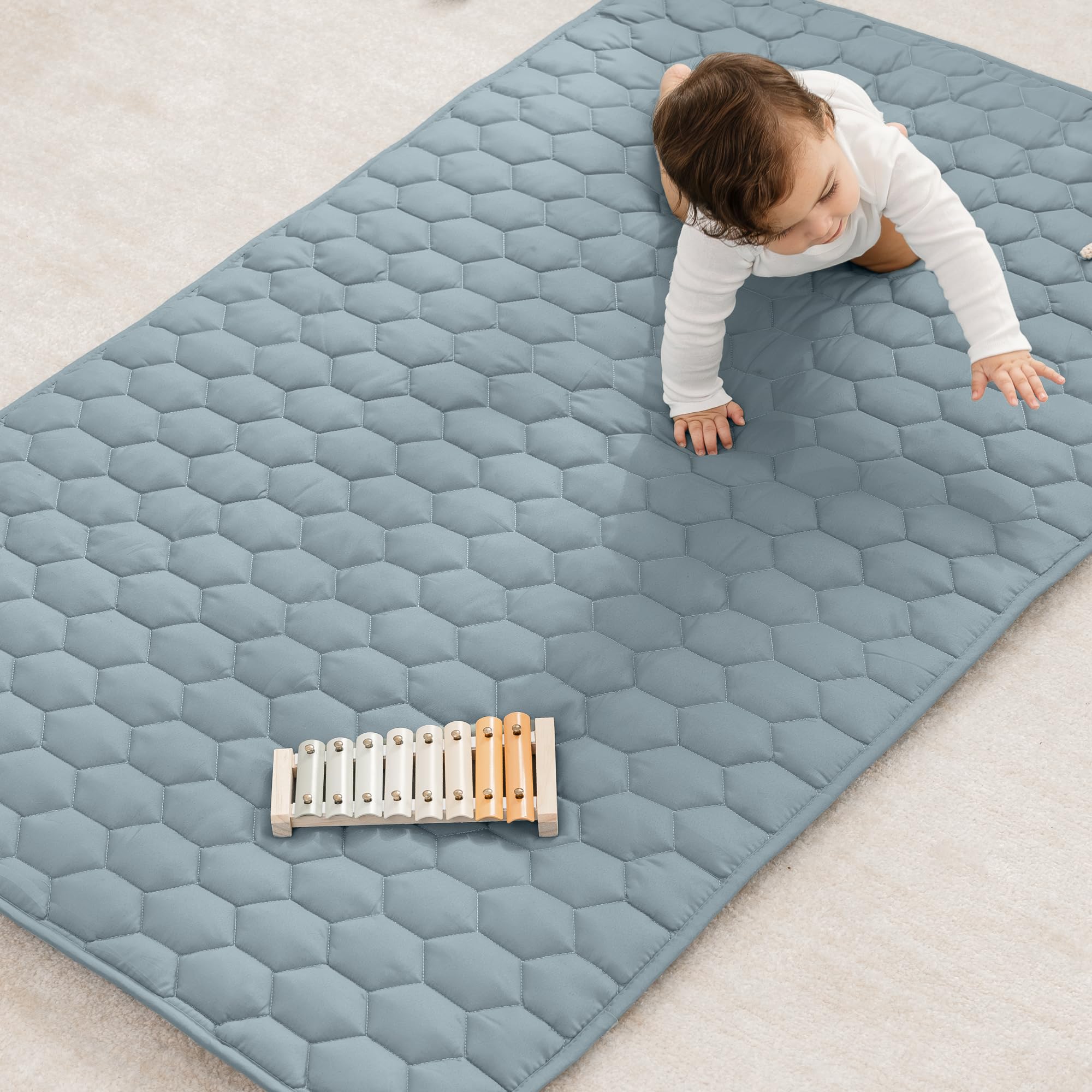 Comfy Cubs rectangle play mat Pacific Blue top view, plush surface for play