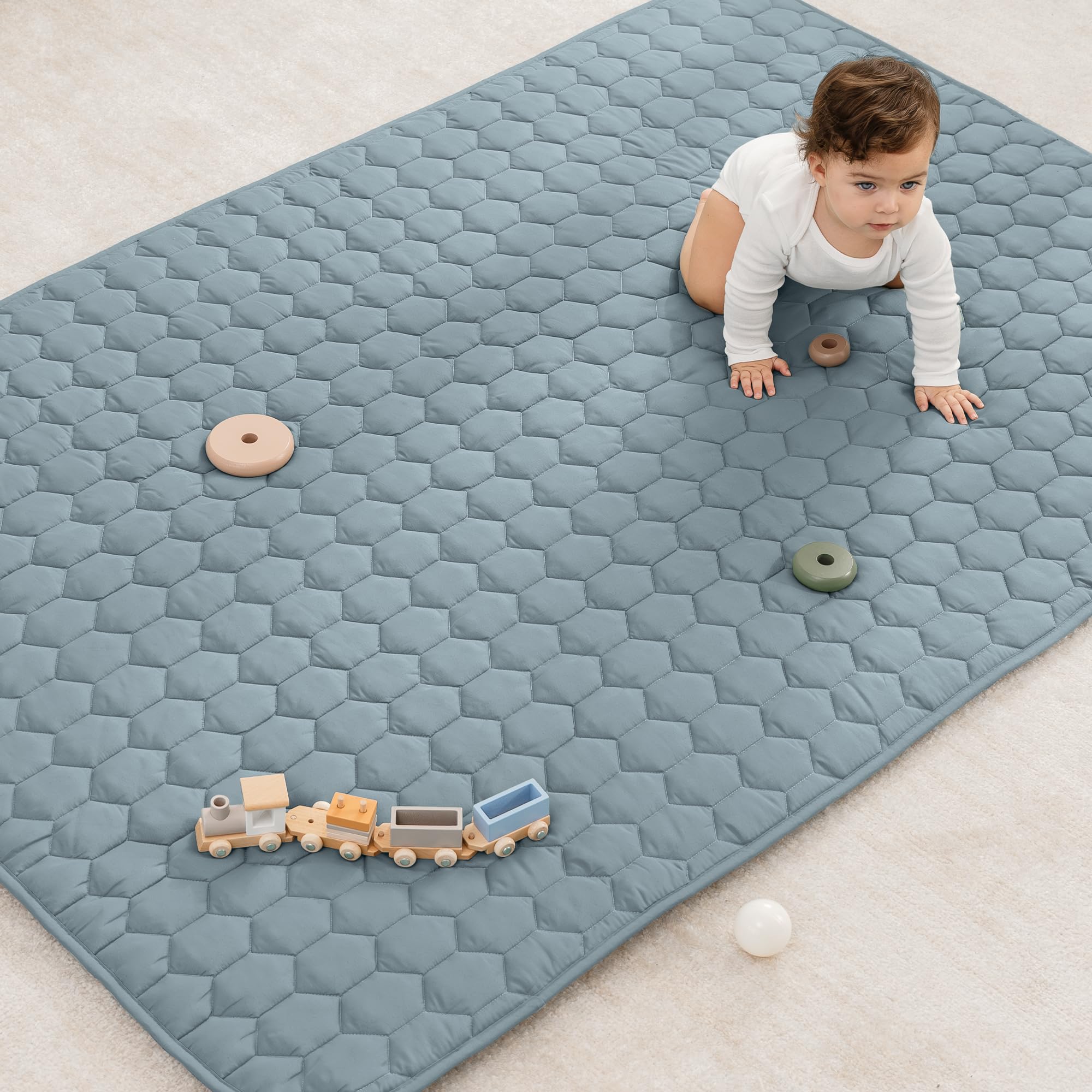 Comfy Cubs rectangle play mat in Pacific Blue offers soft plush surface for safe crawling