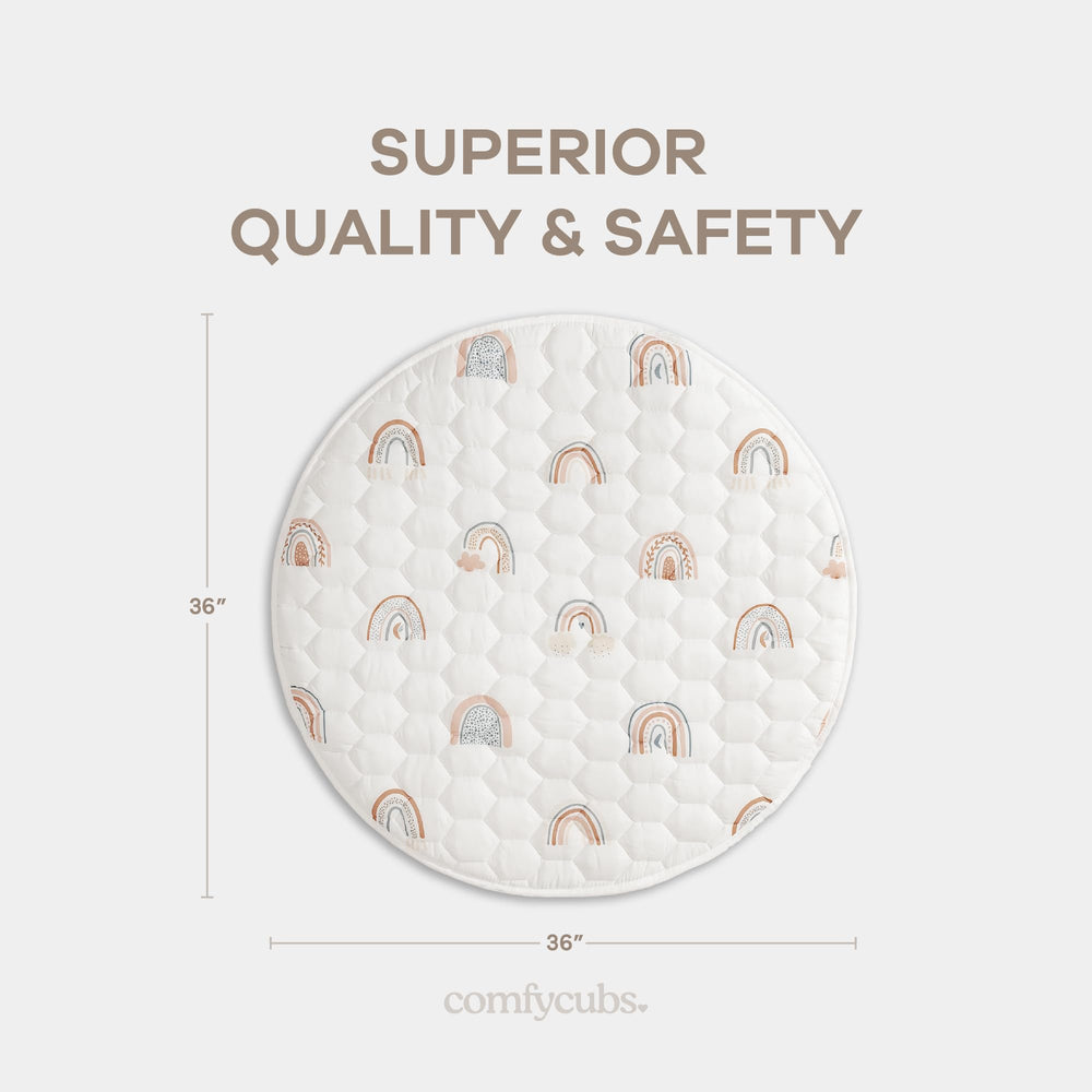 Comfy Cubs round play mat 36in side view highlights soft quilting for crawling