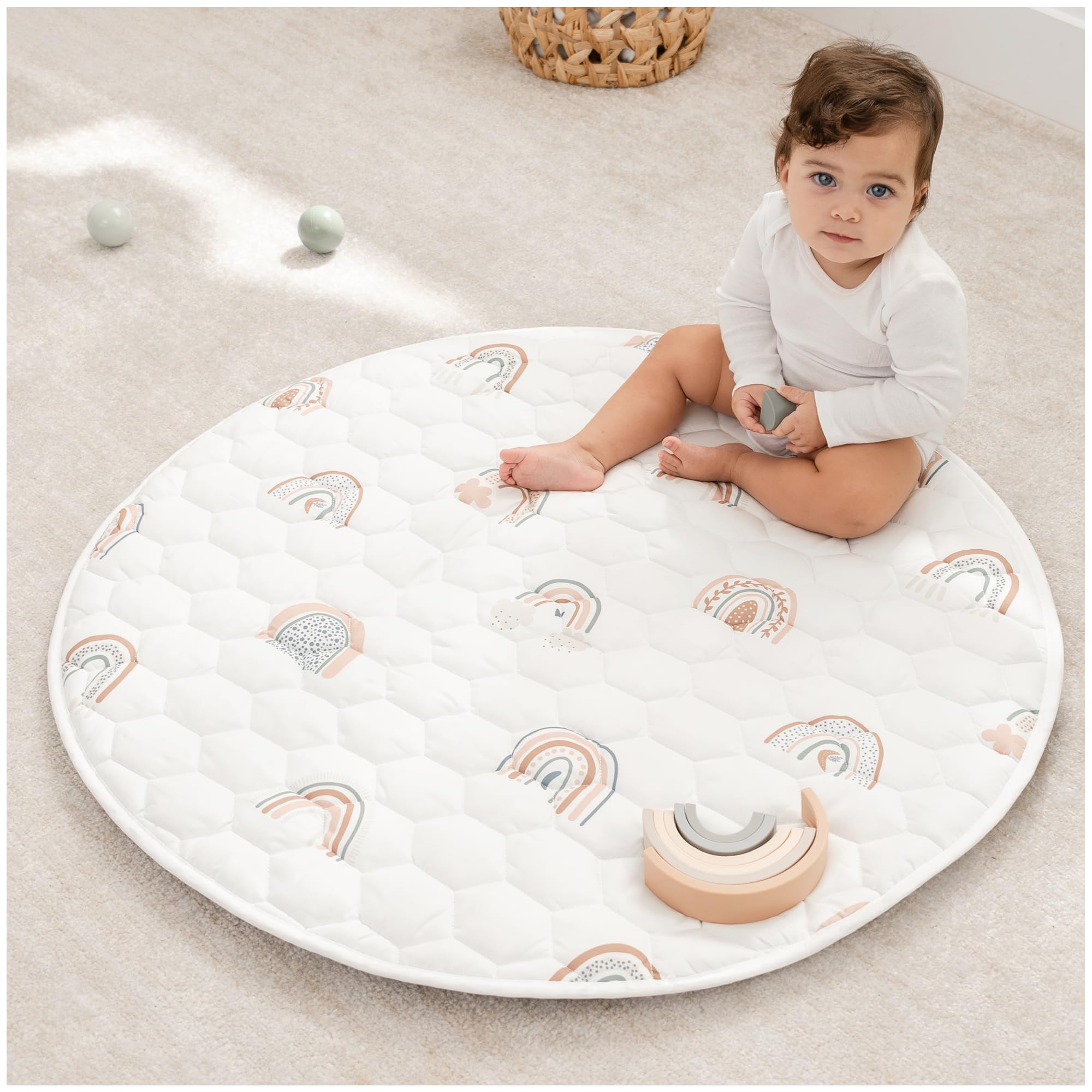Comfy Cubs round 36in play mat top view shows cozy surface for tummy time and play