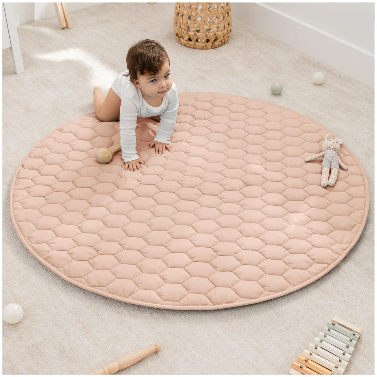 Comfy Cubs round play mat 48-inch soft plush surface for cozy crawling.