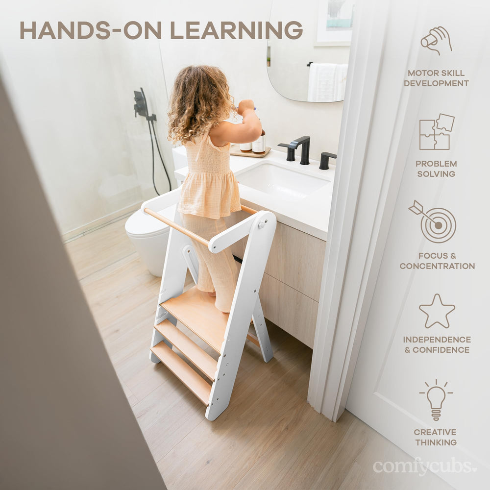 Comfy Cubs step stool aiding brushing teeth for independent routines.