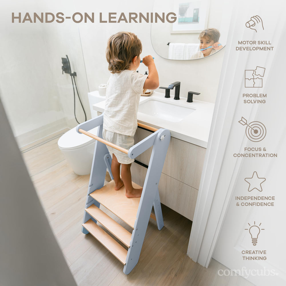 In kitchen, a child helps with meal prep using the Comfy Cubs stool.