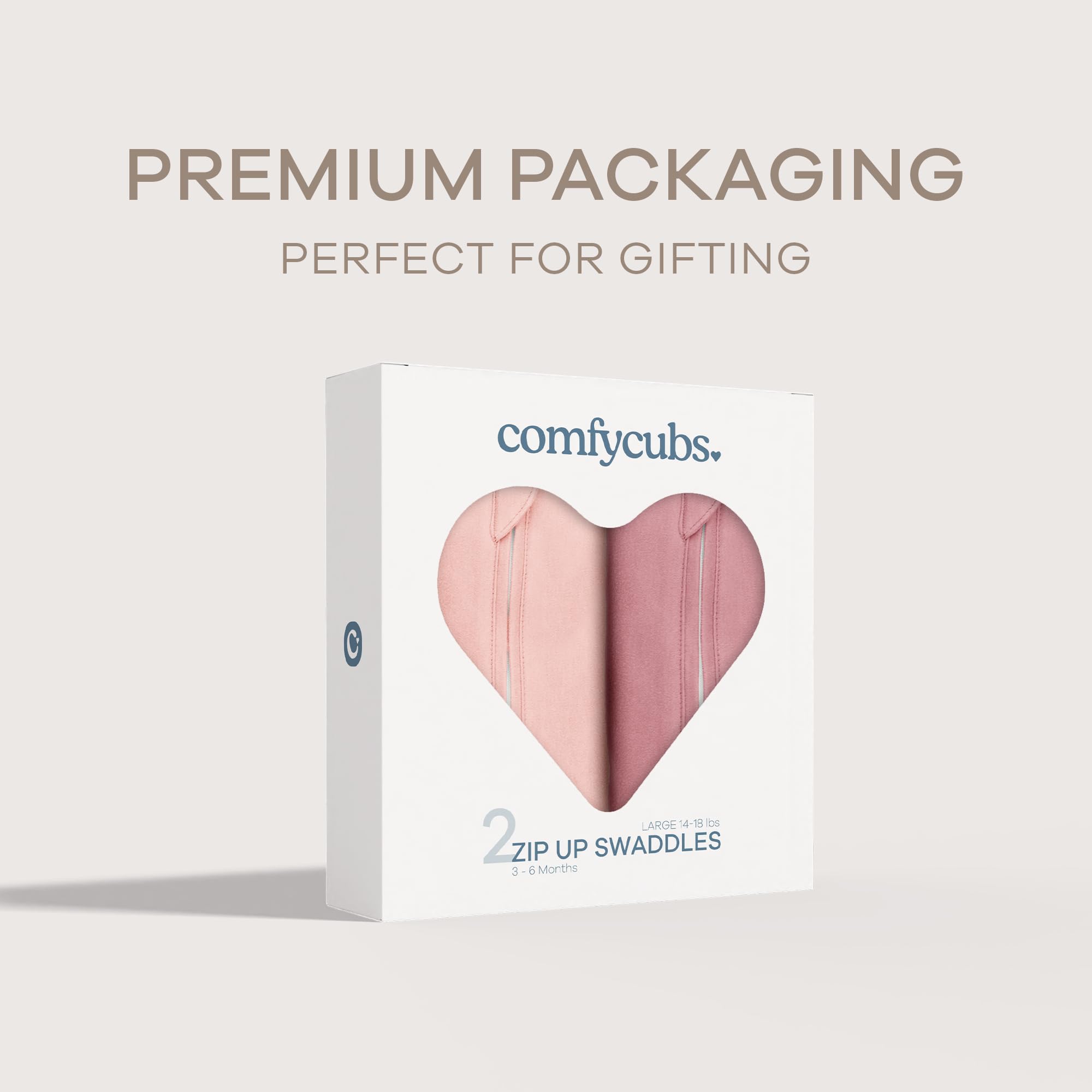 Comfy Cubs swaddle size 3-6 months label emphasizing growth-ready design for infants.