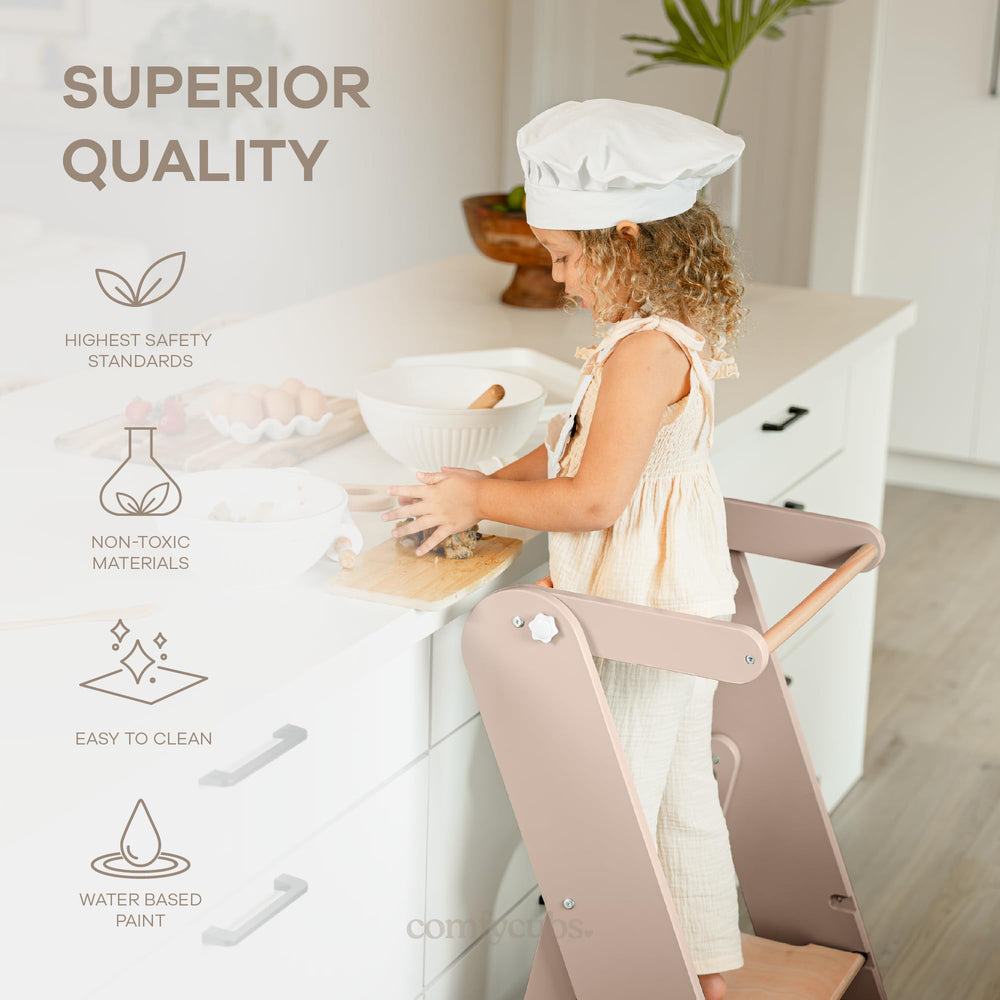 Comfy Cubs toddler stool supports brushing teeth and handwashing at the sink.