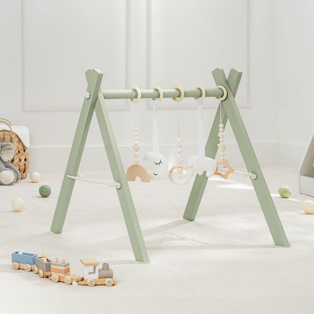 Comfy Cubs wooden baby play gym in natural finish promotes safe tummy time and exploration.