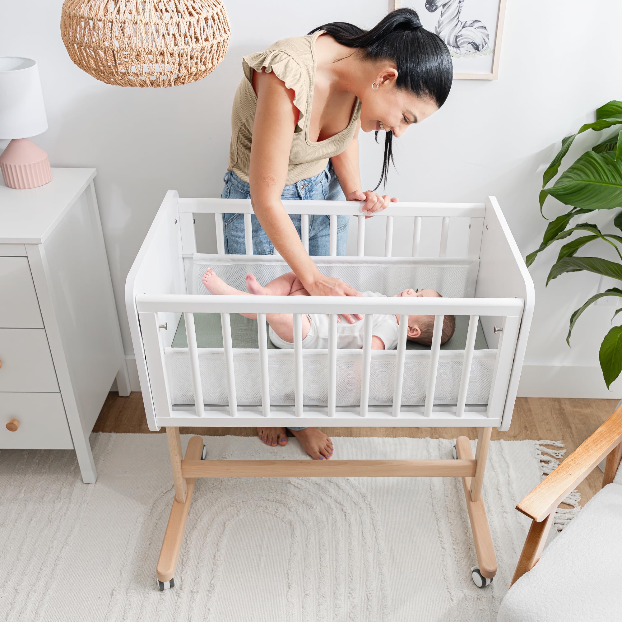 Comfy Cubs wooden bedside bassinet height adjustment for bed alignment
