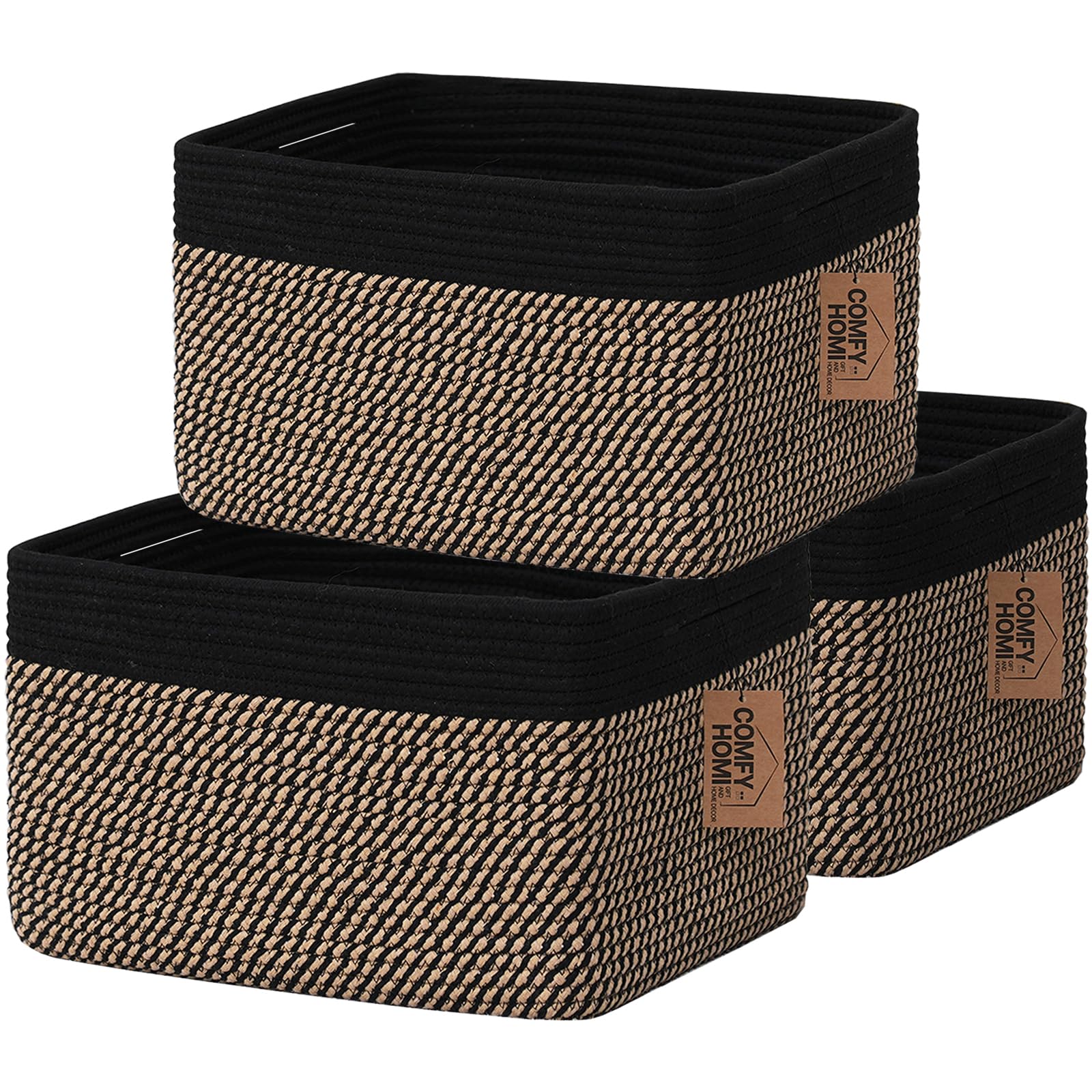 COMFY-HOMI 3-pack cotton rope basket with handles for organized shelves.