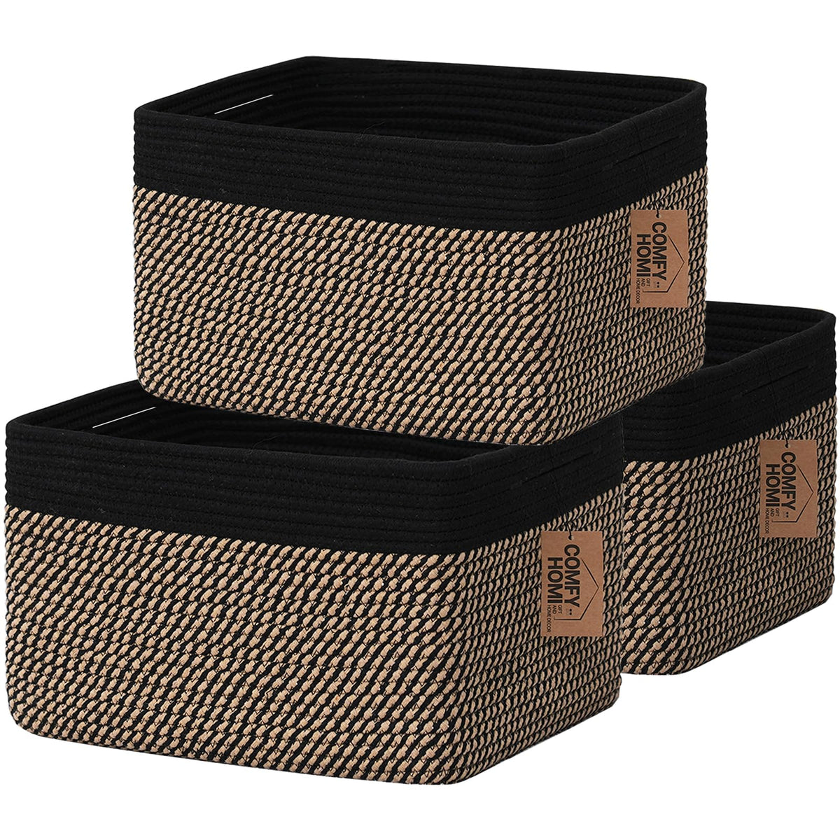 COMFY-HOMI 3-pack cotton rope basket with handles for organized shelves.