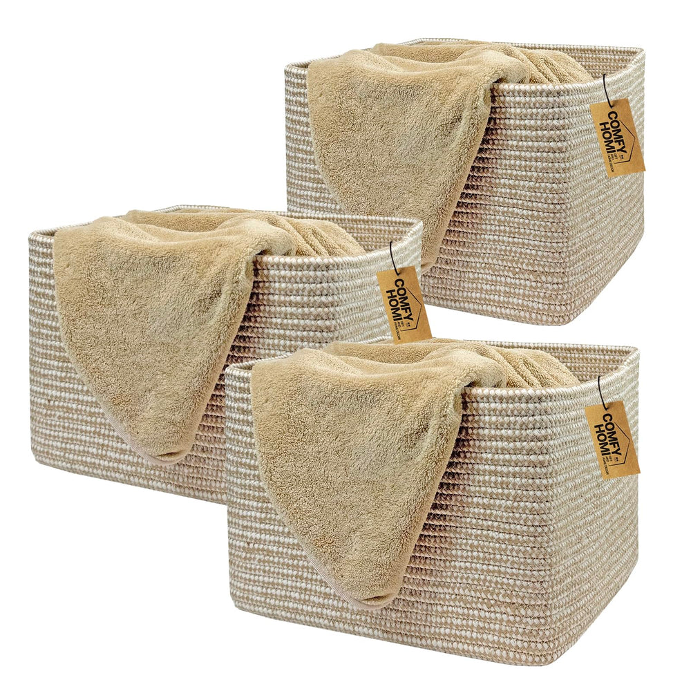 COMFY-HOMI 3-pack small rope basket, rectangular front view, ideal for tidy living room storage.