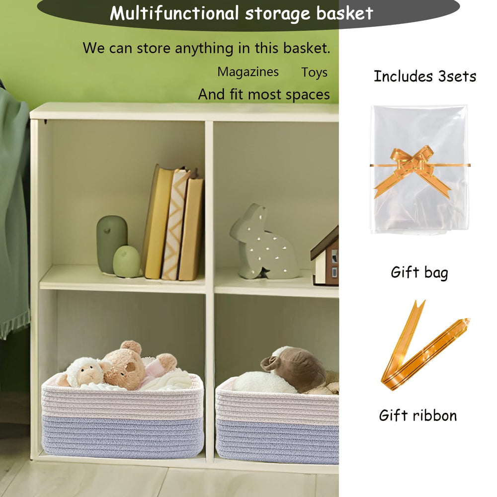 COMFY-HOMI baby-safe cotton rope basket in nursery with plush toys.