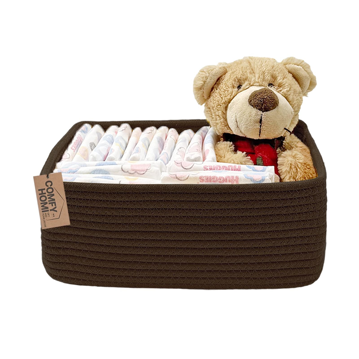 COMFY-HOMI dark brown storage basket on a shelf for toy organization.