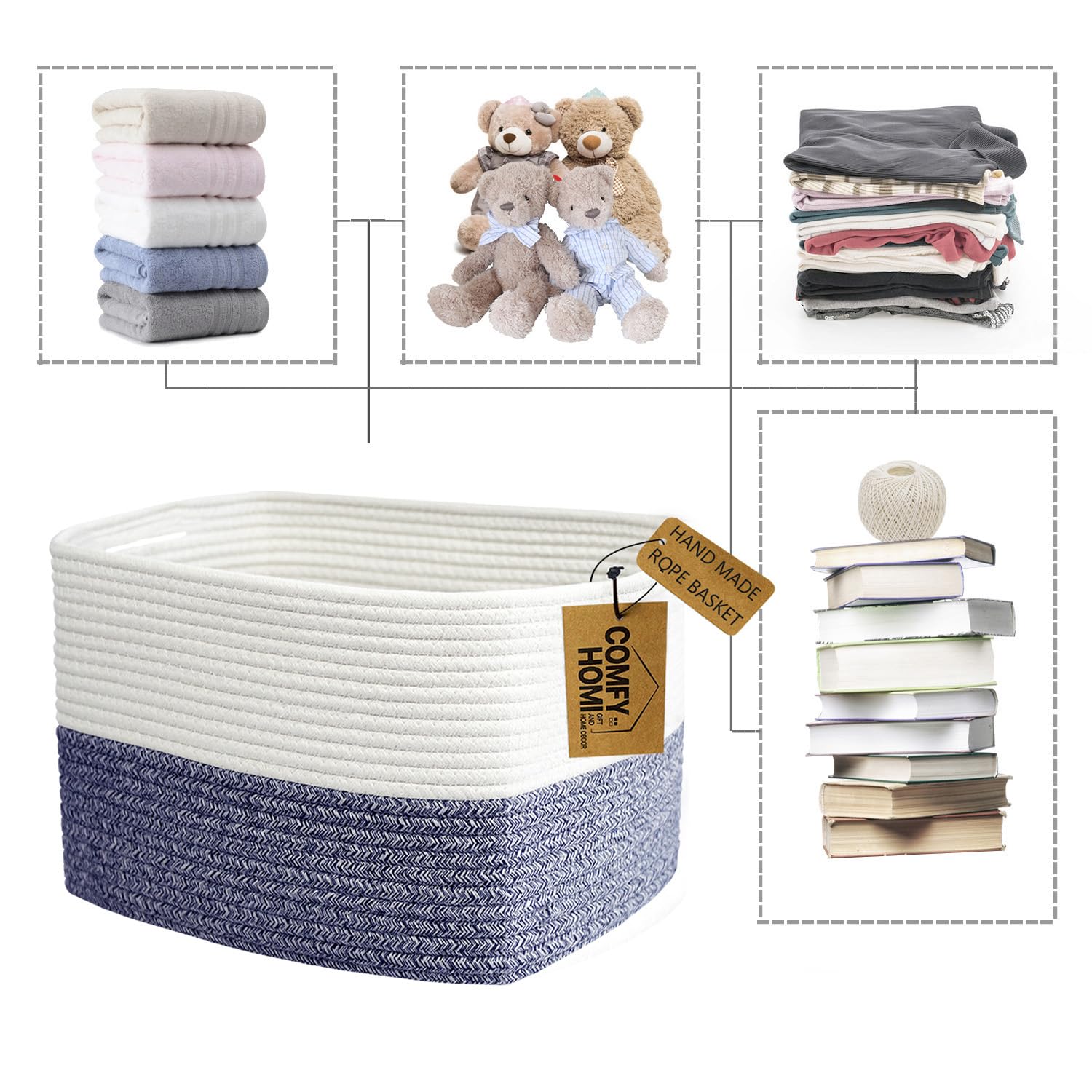 COMFY-HOMI navy rectangle basket folded state, easy to store when not in use.