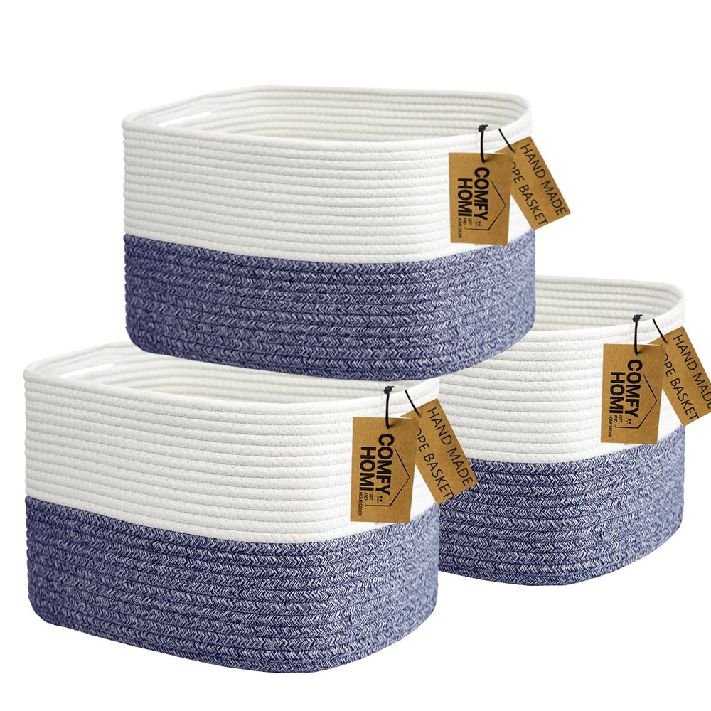 COMFY-HOMI navy rectangle basket with handles, ideal for shelf organization and toy storage.