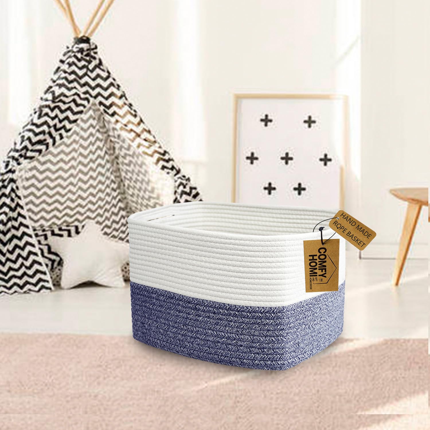 COMFY-HOMI navy rectangle basket in use for toy storage on a shelf.