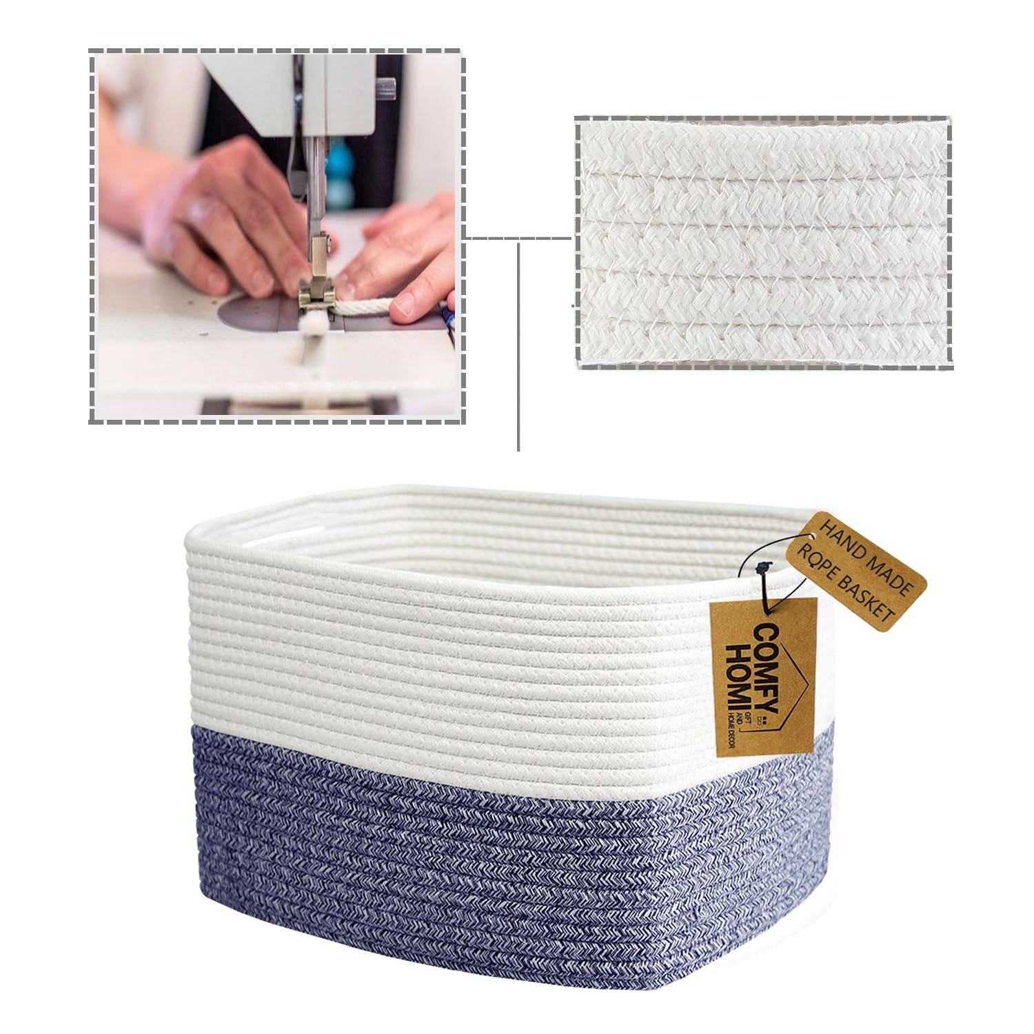 COMFY-HOMI navy rectangle basket packaging, ready to gift or start organizing.