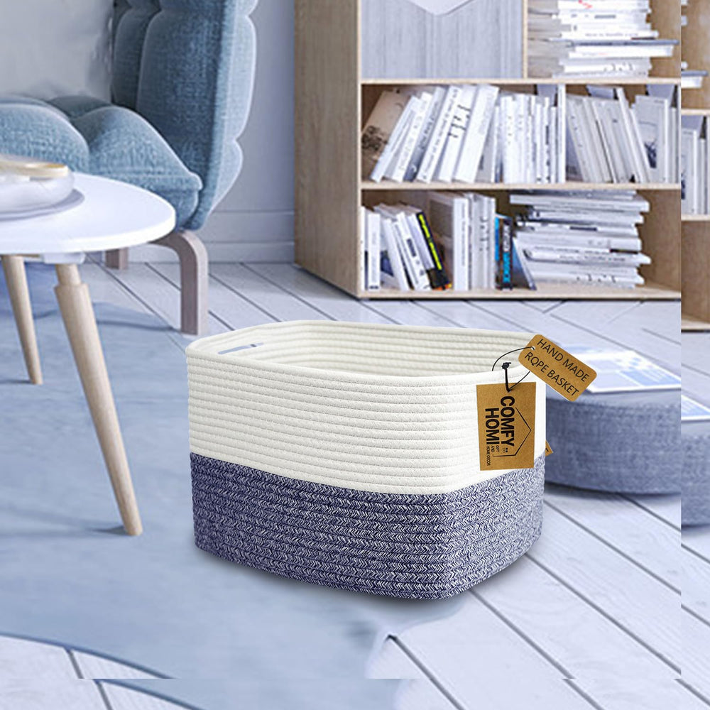 COMFY-HOMI navy rectangle basket side view, a soft, sturdy holder for books and towels.
