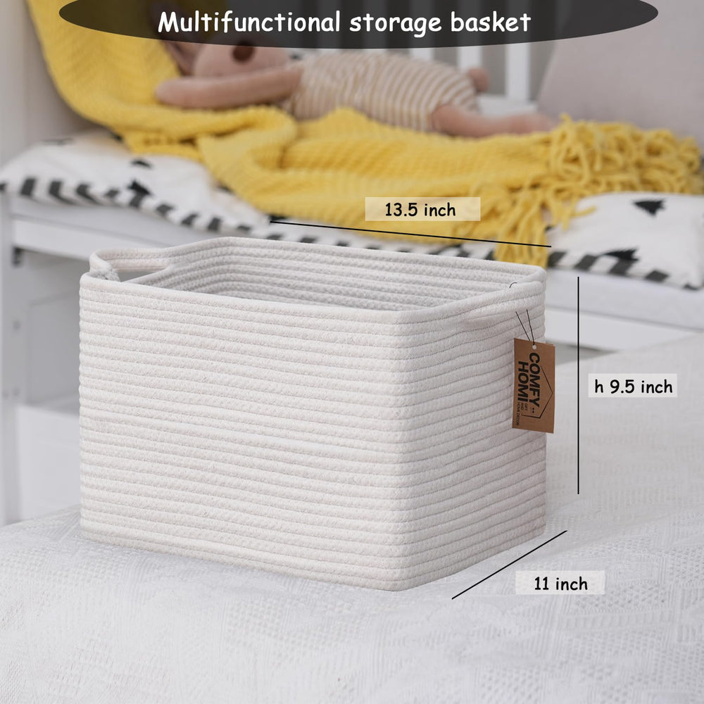 COMFY-HOMI cotton rope basket with books neatly organized on a shelf