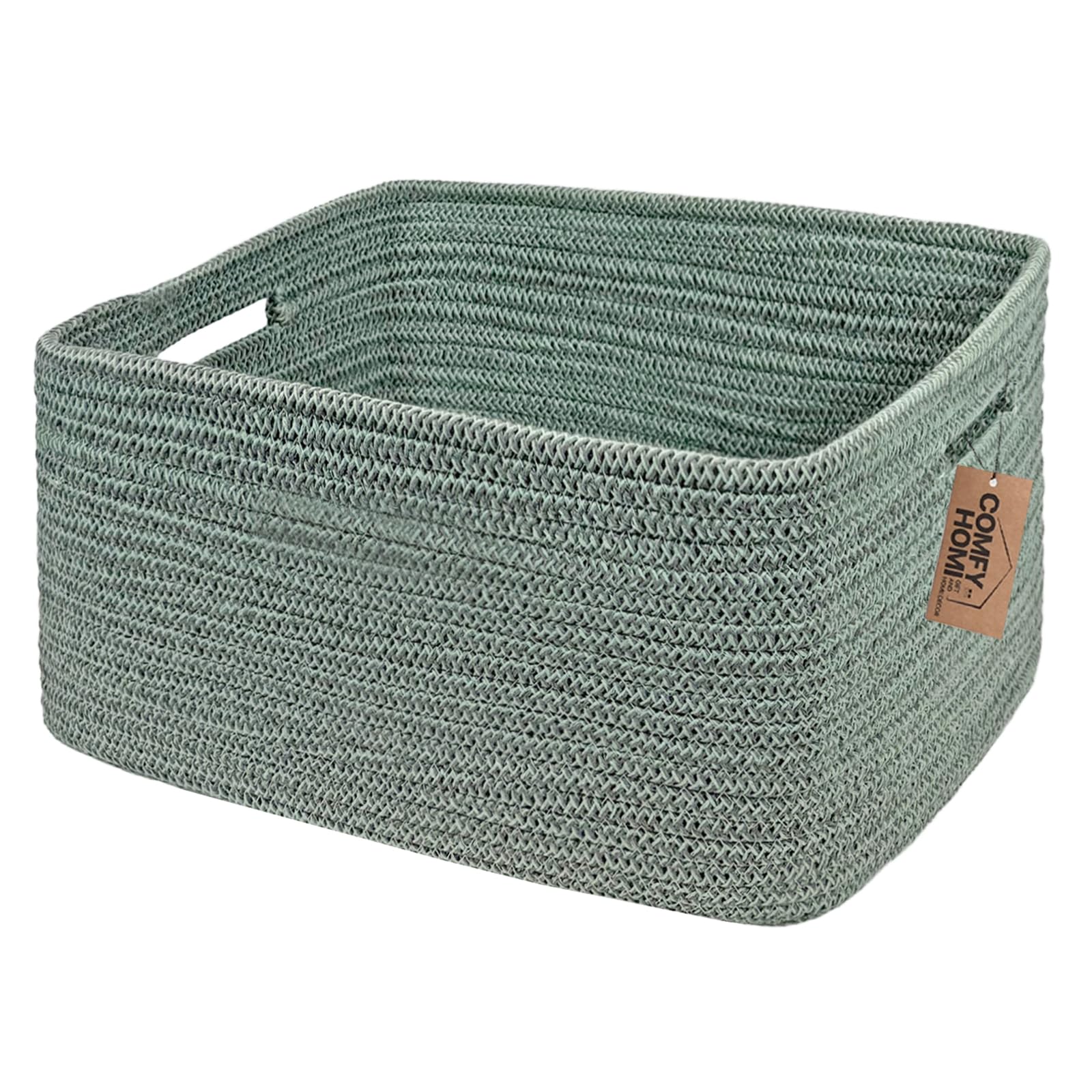 COMFY-HOMI cotton rope basket with handles for organized shelves in green.