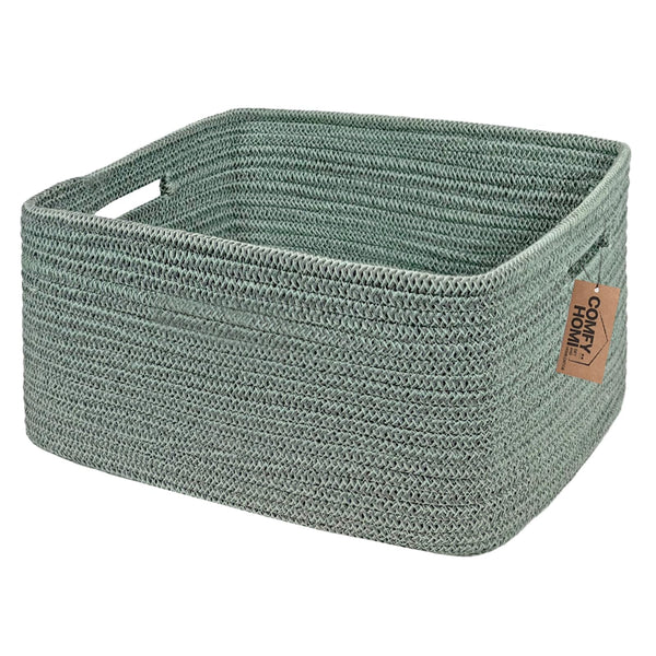 COMFY-HOMI cotton rope basket with handles for organized shelves in green.