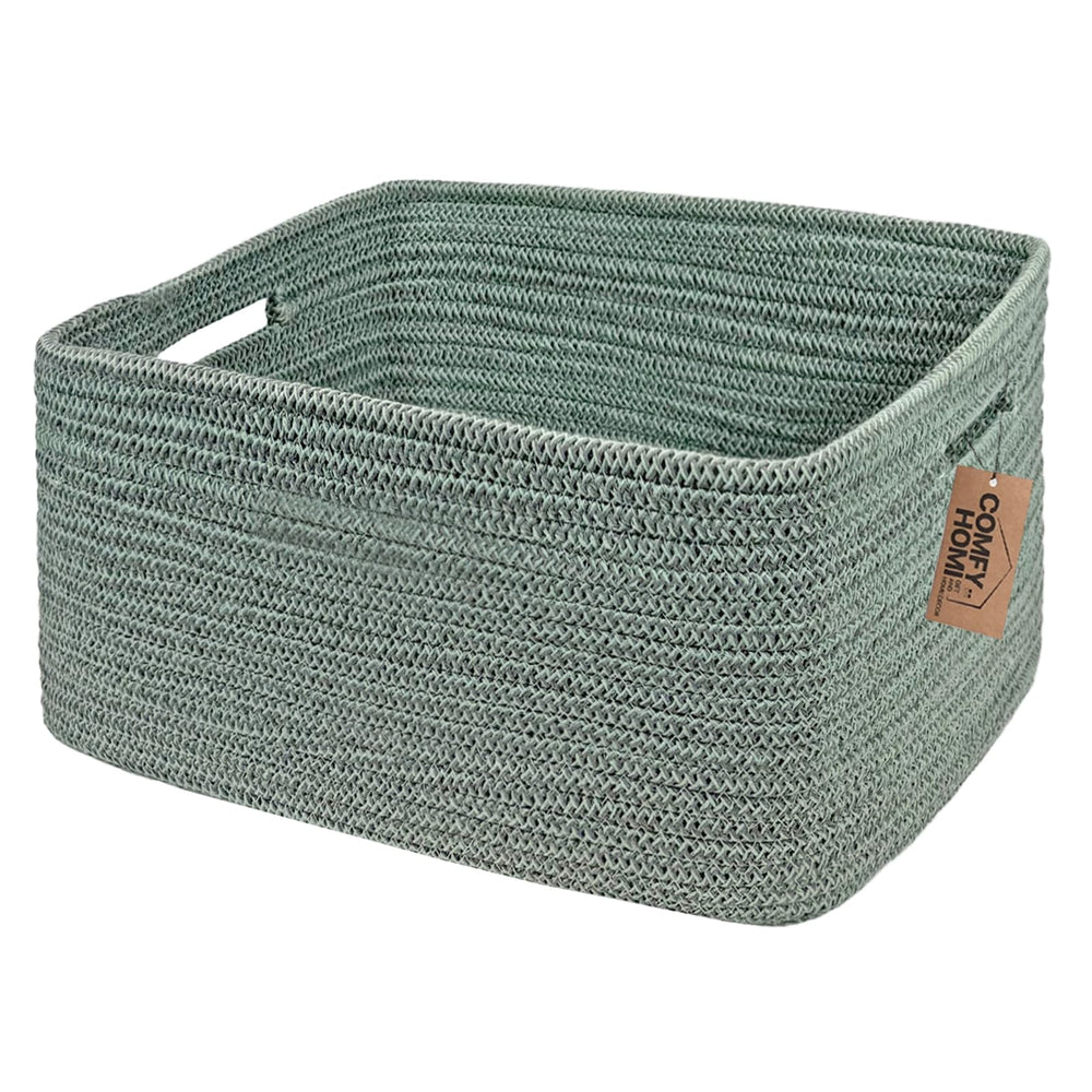 COMFY-HOMI cotton rope basket with handles for organized shelves in green.