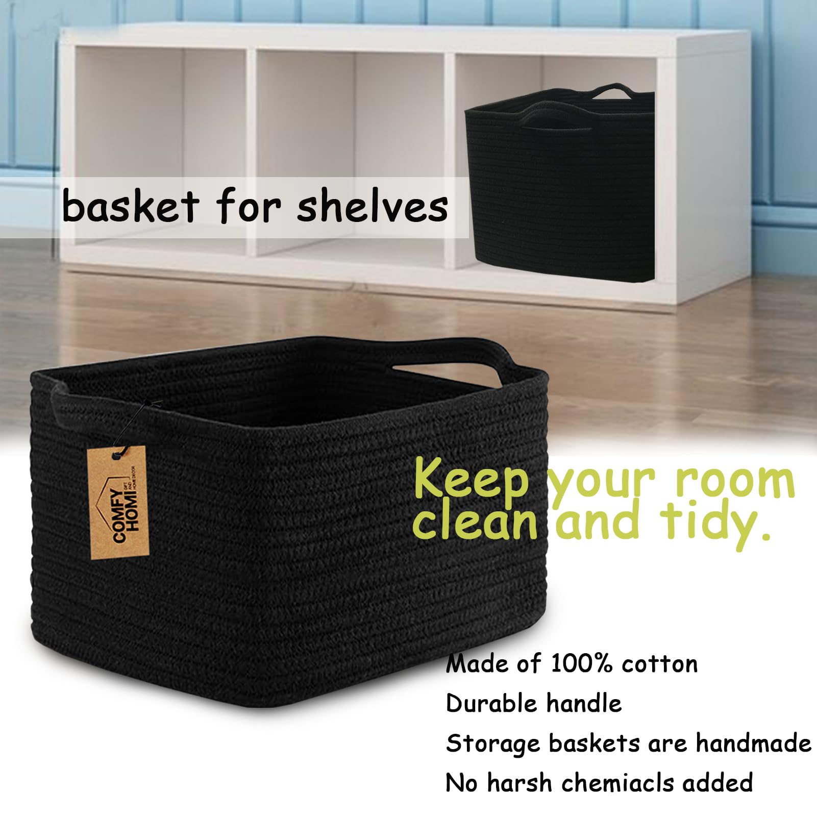 COMFY-HOMI cotton rope basket with reinforced handles for easy carrying.