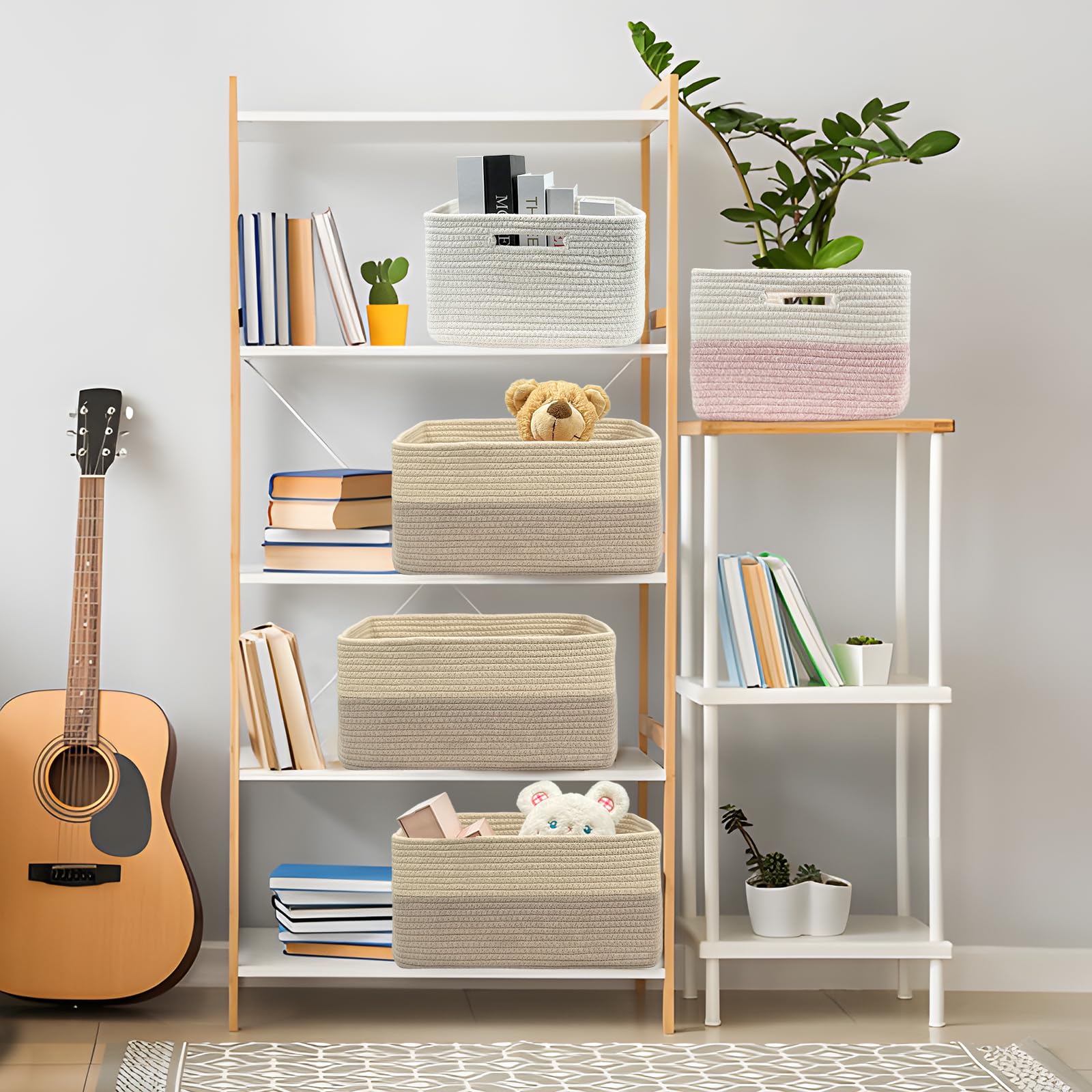 COMFY-HOMI basket in living room decor blends warmth with organized shelves.