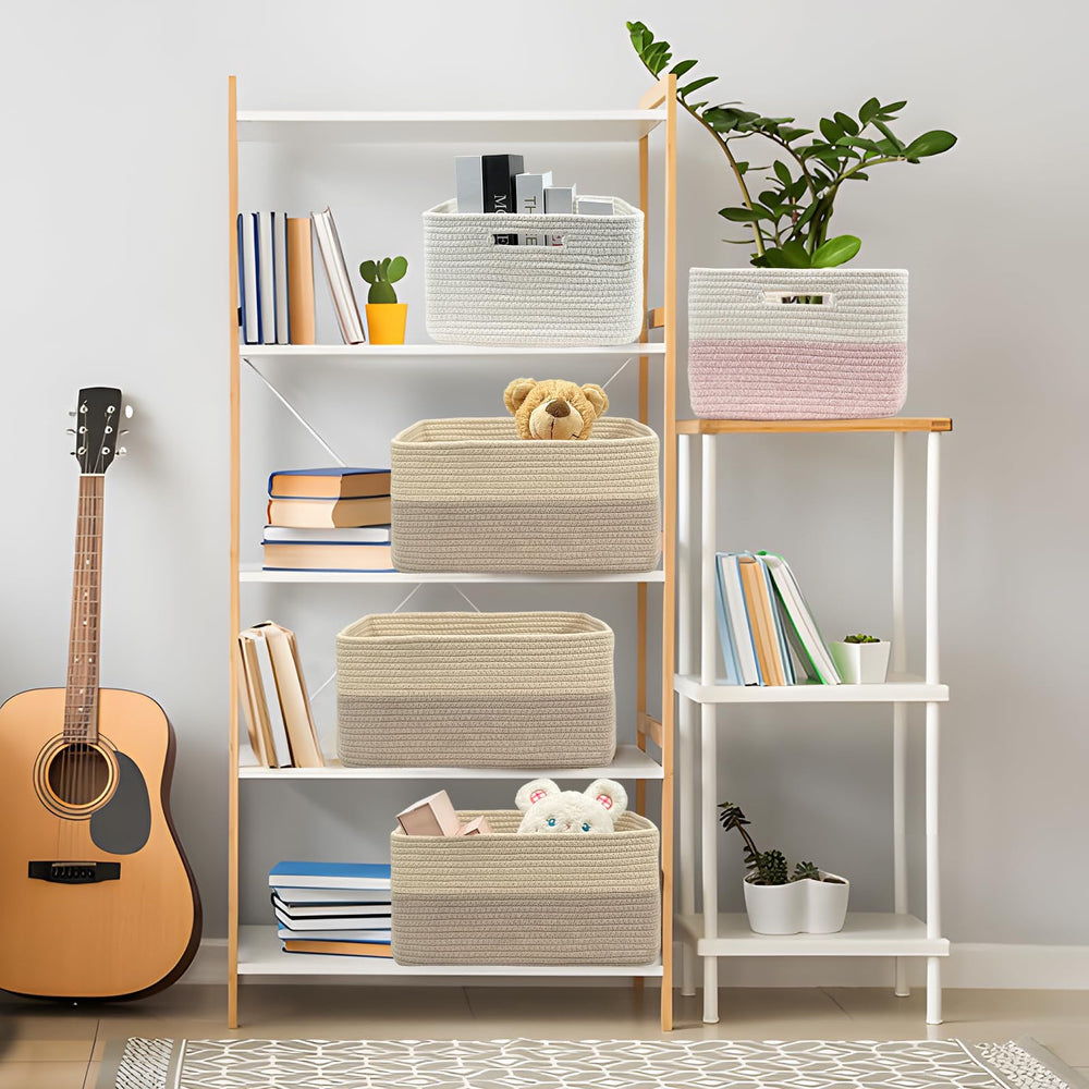 COMFY-HOMI basket in living room decor blends warmth with organized shelves.