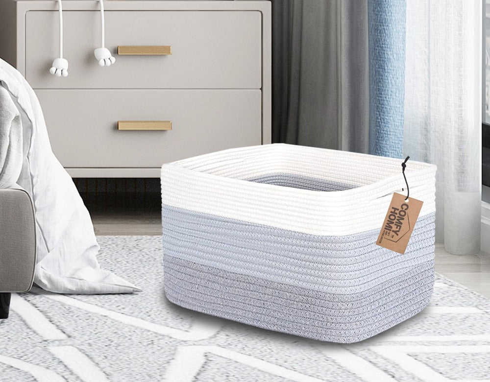 COMFY-HOMI basket in white and three-tone grey adds soft storage to nursery.