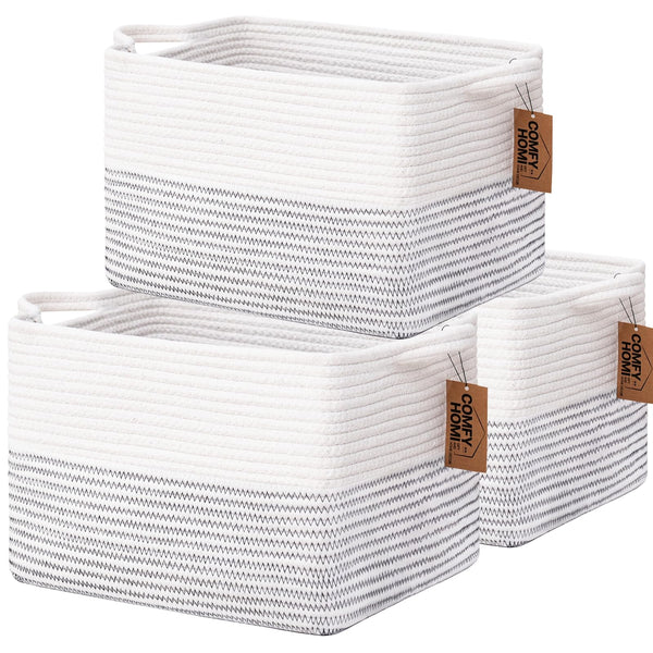 COMFY-HOMI cotton rope square basket front view, ideal for tidy living room storage