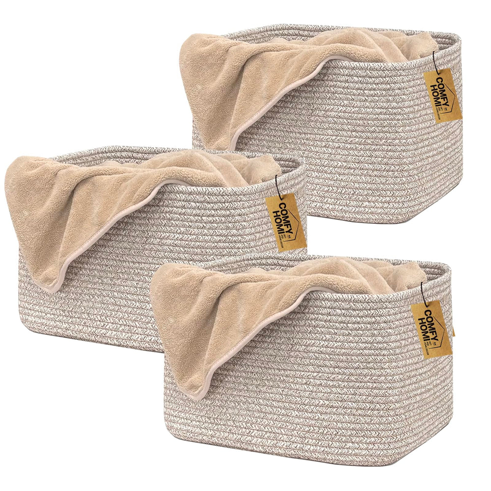 COMFY-HOMI small rope basket, rectangular side view, ideal for tidy living room storage.
